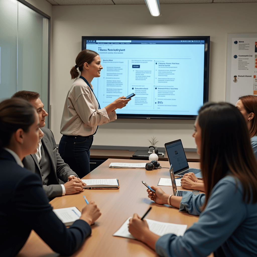 A training session where employees are learning about the omnichannel system and its benefits. The scene should show employees actively engaging with the training materials and understanding how their roles contribute to providing excellent customer experiences.