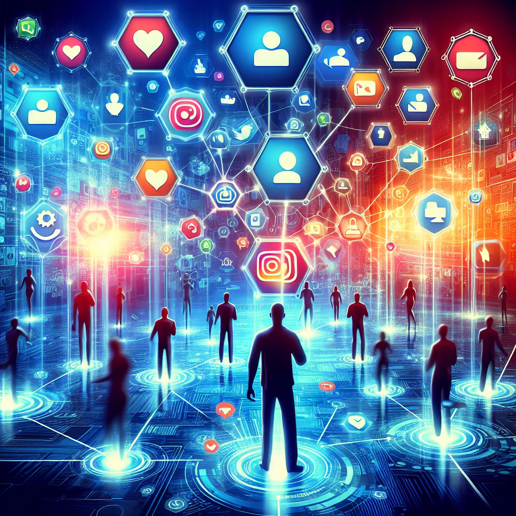 A dynamic graphic representing social media marketing, featuring multiple social media platforms logos arranged in a network, with users engaging with content through likes, shares, and comments, all overlaid on a vibrant, tech-inspired background.