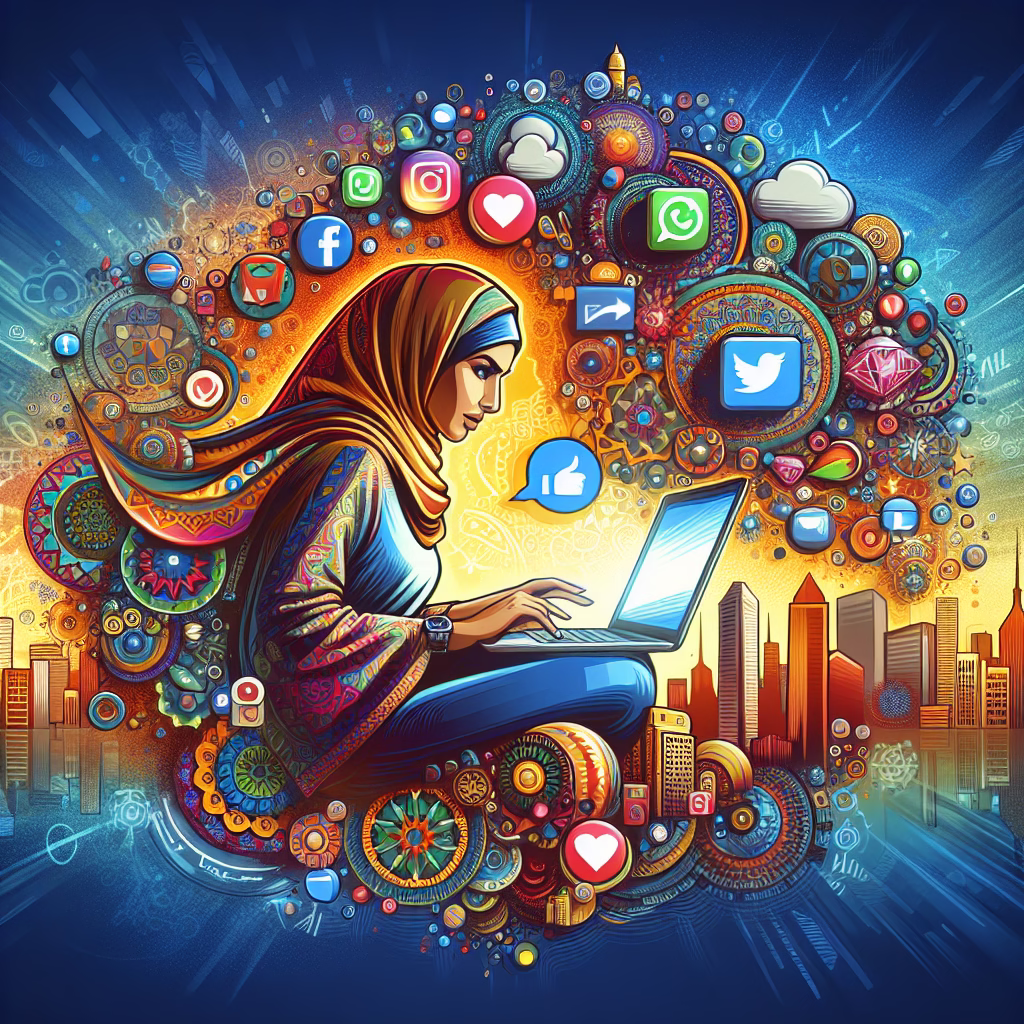 An eye-catching illustration of a person using a laptop surrounded by social media icons, representing online brand reputation monitoring. The scene should be vibrant and dynamic, conveying the constant surveillance needed in the digital age.