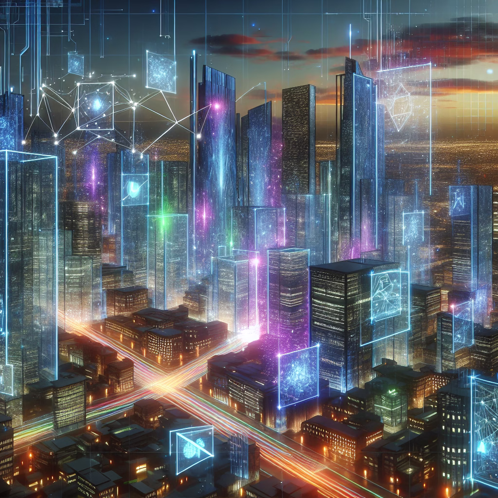 A futuristic cityscape with data streams flowing between buildings, representing the natural language processing capabilities of ChatGPT.