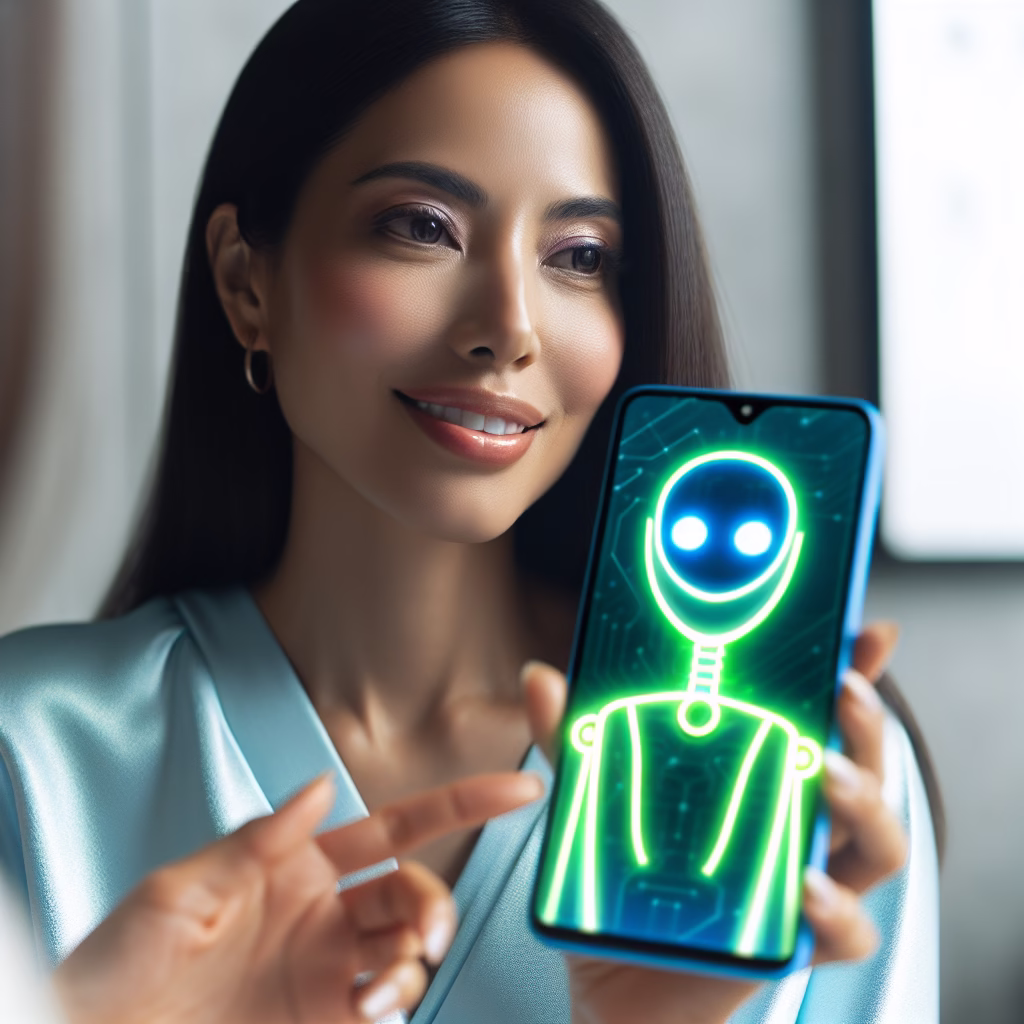 A customer interacting with a friendly AI chatbot on their smartphone, showcasing personalized customer service.