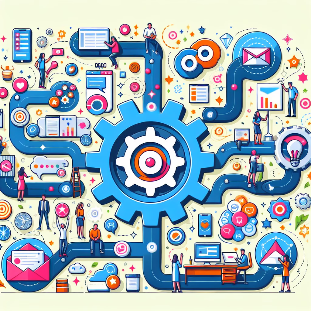 A vibrant illustration depicting a CRM system at the center, surrounded by various marketing activities like email campaigns, social media posts, and customer interactions, all connected and flowing seamlessly.