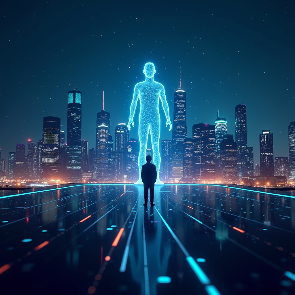 A futuristic cityscape with glowing lines of code flowing through the buildings, representing the advanced AI capabilities of ChatGPT 4.5. The sky is filled with data streams, and a holographic avatar is interacting with the cityscape.