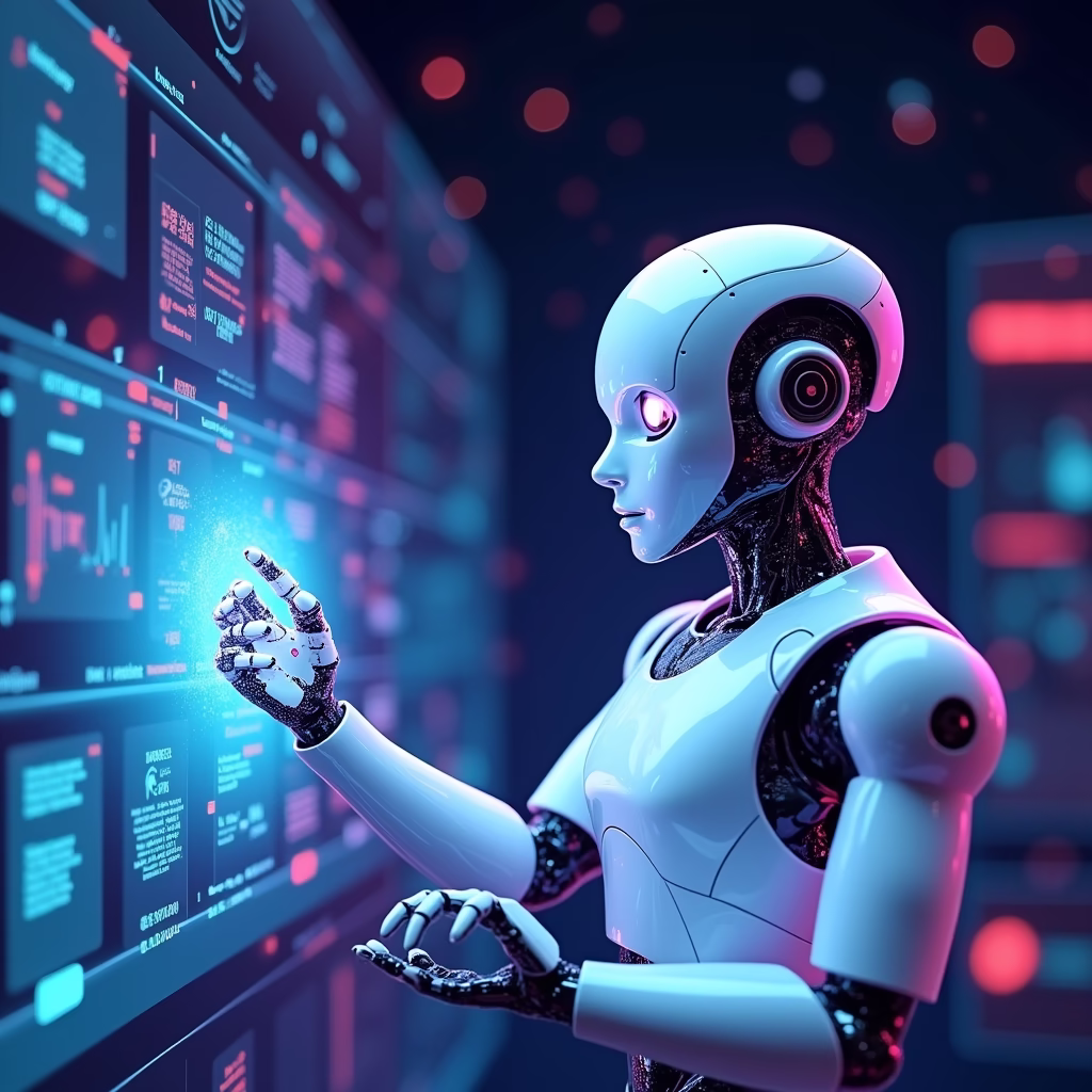 A concept image of an AI agent working autonomously on a marketing campaign, depicted with a human-like robot managing complex data flows and interacting with holographic interfaces. Colors are futuristic, with a focus on neon blue, purple, and white. The style is sleek and innovative, representing the fusion of AI and human expertise in marketing.