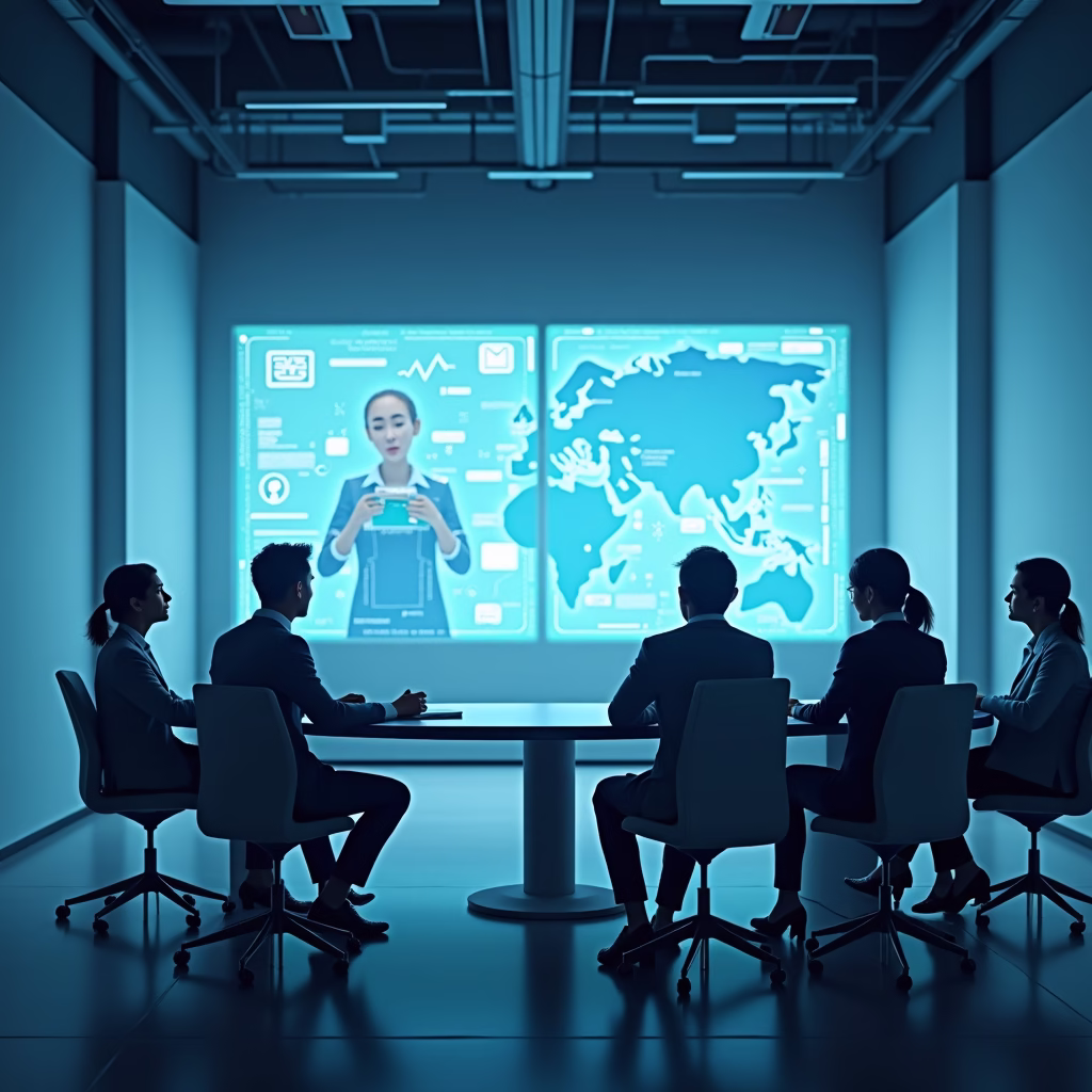 a futuristic office meeting room where ai assistants are projected as holographic figures, taking notes, translating languages in real-time, and summarizing the key points of the discussion. the room is filled with natural light and features minimalist design.