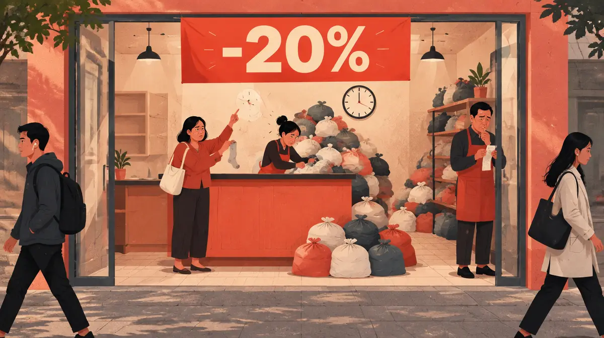 Minh hoạ báo chí tông đỏ san hô: mặt tiền tiệm giặt sấy có băng rôn lớn ghi -20%; trong tiệm, một khách nữ đứng ở quầy giơ chiếc tất lẻ và chỉ lên đồng hồ, nữ nhân viên lục đống túi đồ chất cao sau quầy, người chủ đeo tạp dề đứng bên phải nhìn tờ hoá đơn lo lắng; túi đồ chất đầy dưới sàn; ngoài cửa hai người đi ngang không ghé vào