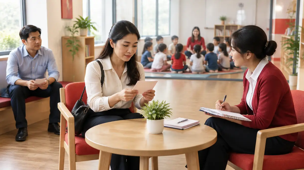 Góc chờ sáng sủa của một trung tâm tiếng Anh thiếu nhi: người mẹ mặc áo sơ mi trắng ngồi bên bàn tròn gỗ đọc một tấm thẻ, đối diện là nhân viên mặc áo len đỏ vừa nghe vừa ghi sổ; bên trái một người cha ngồi ghế dài cầm tấm thẻ khác chờ đến lượt; phía sau, một nhóm trẻ ngồi thành vòng tròn quanh cô giáo