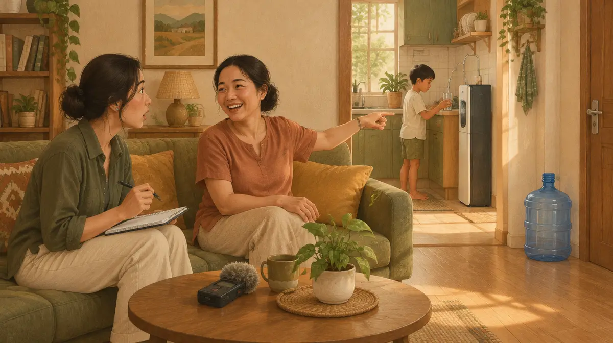 Minh hoạ báo chí tông đất ấm: trong phòng khách một căn hộ, nữ chuyên viên nghiên cứu ngồi bên trái cầm sổ và bút, ngạc nhiên nhìn sang; người mẹ ngồi trên ghế sofa xanh rêu cười và chỉ tay về phía bếp, nơi cậu con trai đang tự rót nước từ máy lọc nước đứng; trên bàn tròn có máy ghi âm, ly trà và chậu cây; gần cửa ra vào là một bình nước 20 lít đã cạn