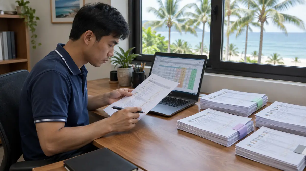 Ảnh chụp kiểu phóng sự trong văn phòng nhìn ra hàng dừa và biển: một nhân viên nam mặc áo polo xanh đậm ngồi bên bàn gỗ, cầm một tờ đánh giá in ra và dò bằng bút; bên cạnh là laptop mở bảng tính có các cột tô màu, phía trước là các chồng giấy dán nhãn màu xanh lá, tím nhạt và xám