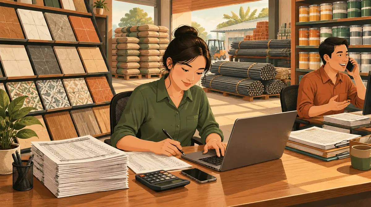 Tranh minh hoạ kiểu báo chí trong showroom kiêm kho vật liệu xây dựng: kệ mẫu gạch ốp lát bên trái, bao xi măng xếp chồng và bó thép phía sau; ở giữa một nữ nhân viên áo xanh rêu vừa cầm bút dò chồng bảng giá in dày vừa gõ vào máy tính xách tay, cạnh máy tính bỏ túi và điện thoại; bên phải một nam nhân viên áo cam đang gọi điện cho khách