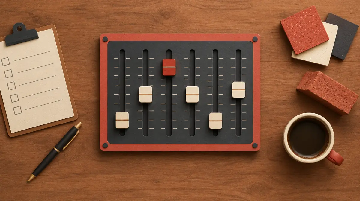 Minh hoạ cắt giấy nhìn từ trên xuống bàn gỗ: ở giữa là bảng điều chỉnh viền đỏ có sáu thanh trượt, các núm trượt màu kem nằm ở độ cao khác nhau, riêng núm thứ ba màu đỏ đẩy cao nhất; bên trái là bìa kẹp giấy có năm ô đánh dấu trống và cây bút, bên phải là mẫu gạch ốp lát, một viên gạch đỏ và tách cà phê