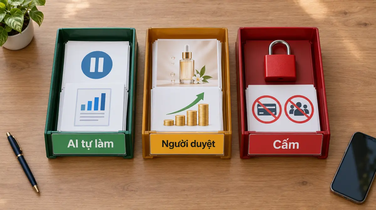 Ảnh chụp từ trên xuống mặt bàn gỗ có ba khay tài liệu đặt cạnh nhau: khay xanh lá dán nhãn AI tự làm đựng thẻ có biểu tượng tạm dừng và thẻ báo cáo biểu đồ cột; khay vàng cam dán nhãn Người duyệt đựng thẻ ảnh chai serum và thẻ chồng xu có mũi tên đi lên; khay đỏ dán nhãn Cấm có ổ khoá đỏ và thẻ có biểu tượng thẻ thanh toán và nhóm người bị gạch chéo; bên trái là cây bút, bên phải là điện thoại