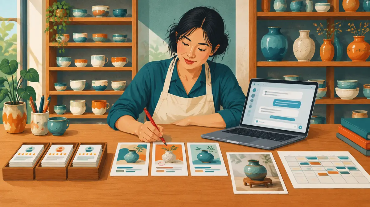 Tranh minh hoạ: người phụ nữ Việt Nam đeo tạp dề ngồi ở bàn gỗ trong cửa hàng gốm, tay cầm bút đỏ đánh dấu một trong ba bản nháp quảng cáo có hình bình gốm; bên phải là máy tính xách tay mở cửa sổ trò chuyện, ảnh chụp sản phẩm bình gốm và tờ lịch có các ô màu; bên trái là ba khay thẻ đánh giá của khách; phía sau là kệ bát, cốc và bình gốm