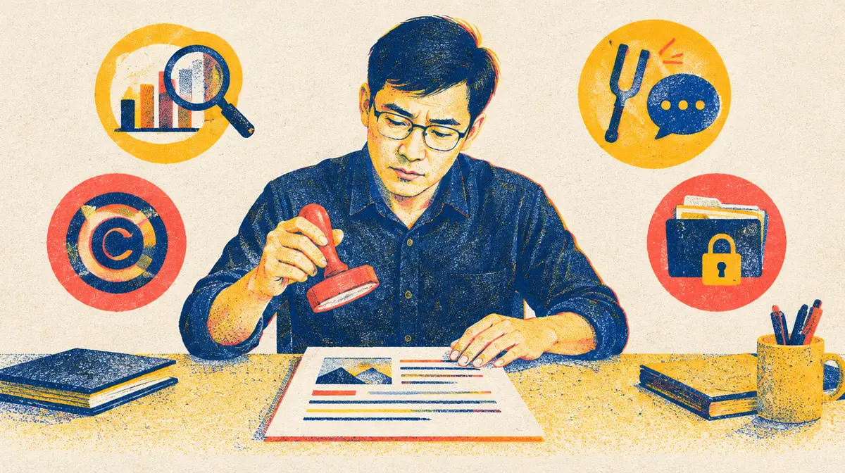 Tranh in risograph ba màu xanh đậm, đỏ san hô, vàng: nam biên tập viên đeo kính ngồi sau bàn, một tay cầm con dấu đỏ chưa đóng, tay kia đặt trên bản nháp có hình và các dòng kẻ màu; quanh anh là bốn vòng tròn biểu tượng: kính lúp trên biểu đồ cột, ký hiệu bản quyền, âm thoa cạnh bong bóng lời nói, và tập hồ sơ có ổ khoá