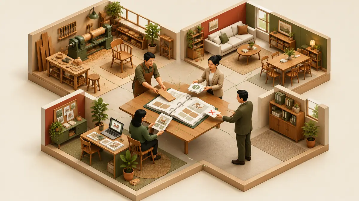 Minh hoạ isometric một công ty nội thất gỗ cắt ngang: xưởng có máy tiện, ván gỗ và ghế gỗ ở góc trên trái, showroom có sofa và bàn ăn ở góc trên phải, góc làm việc có máy tính xách tay ở dưới trái; giữa phòng là bìa còng lớn mở trên bàn, bốn người đang góp vào: thợ đeo tạp dề đưa miếng gỗ mẫu, nhân viên bán hàng đưa xấp thẻ có dấu hỏi, người quản lý áo vest đưa tấm thẻ có dấu X đỏ, nhân viên marketing ngồi đặt trang giấy vào hồ sơ; các đường chấm nối từng khu vực tới bìa hồ sơ