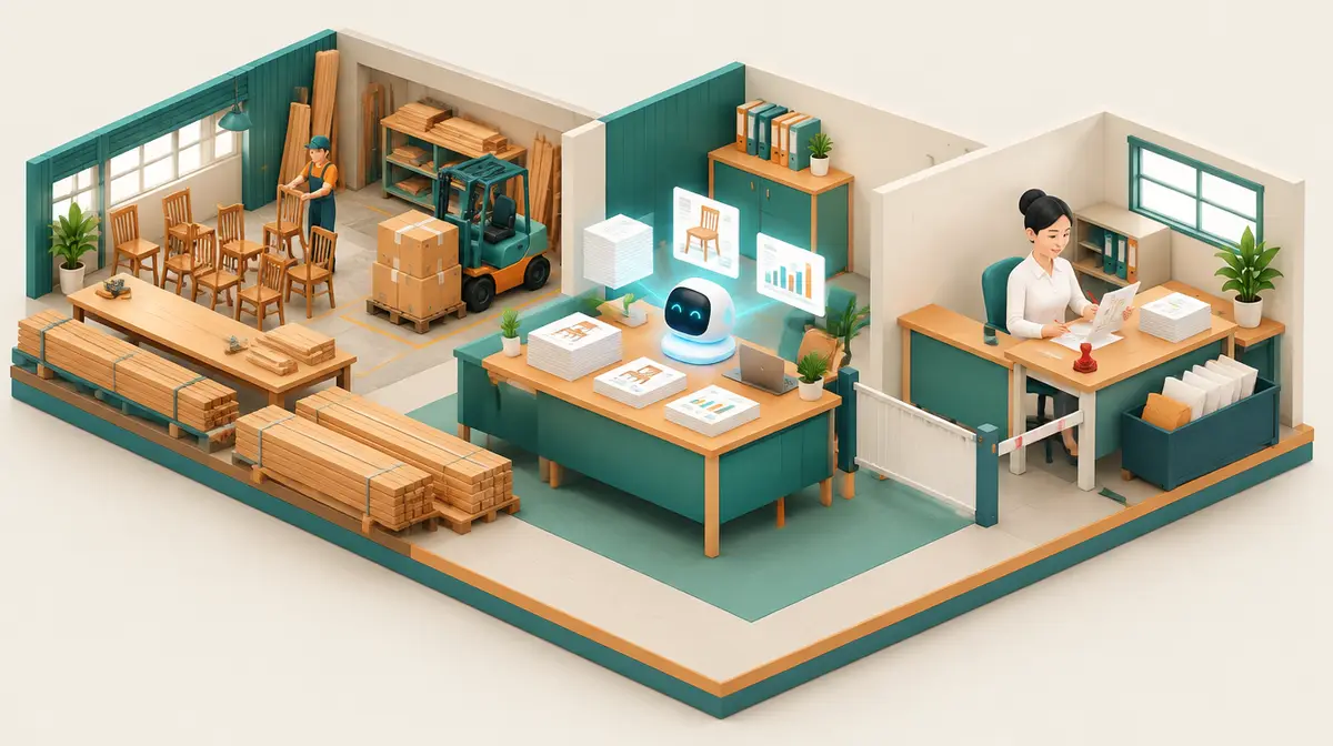 Minh hoạ isometric một xưởng đồ gỗ xuất khẩu cắt ngang: bên trái là khu sản xuất với ghế gỗ, bàn dài, các kiện ván gỗ, xe nâng chở thùng carton và một công nhân đội mũ; ở giữa là bàn làm việc có trợ lý AI hình khối tròn phát sáng đang tạo các chồng bản nháp, tờ thông số có hình chiếc ghế và biểu đồ cột; bên phải, ngăn bởi một thanh chắn nhỏ, một nữ quản lý người Việt mặc sơ mi trắng ngồi đọc bản nháp và cầm bút, cạnh con dấu đỏ và khay thư đi