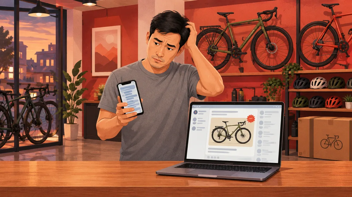 Minh hoạ kiểu báo chí trong showroom xe đạp thể thao lúc tối: người đàn ông Việt Nam ngoài ba mươi tuổi mặc áo thun xám đứng sau quầy gỗ, một tay cầm điện thoại có bong bóng tin nhắn dài, tay kia gãi đầu; trên quầy, máy tính xách tay mở trang mạng xã hội hiện quảng cáo đúng chiếc xe đạp touring màu xanh rêu kèm nhãn giảm giá màu đỏ; phía sau là dãy xe đạp treo tường, mũ bảo hiểm trên kệ và thùng xe đạp chưa mở