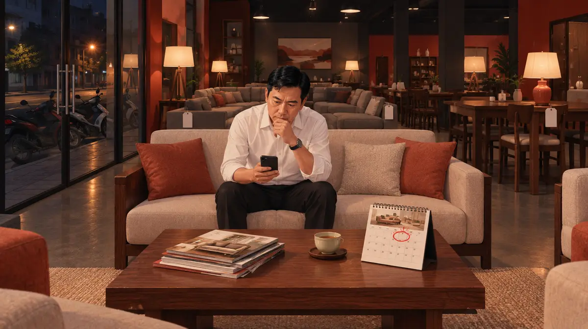 Minh hoạ kiểu báo chí tông đỏ ấm và kem: buổi tối trong phòng trưng bày nội thất, một người đàn ông trung niên mặc sơ mi trắng ngồi trên sofa trưng bày, tay chống cằm nhìn điện thoại; trên bàn gỗ trước mặt là chồng catalogue, tách trà và tờ lịch để bàn có một ngày khoanh đỏ; phía sau là các dãy sofa, bàn ăn gỗ, đèn bàn có treo thẻ giá; bên trái qua cửa kính là con phố đêm với xe máy dựng
