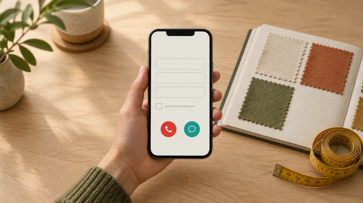 Ảnh chụp tĩnh vật ý niệm: bàn tay người Việt Nam cầm điện thoại thông minh trên mặt bàn gỗ sáng, bên cạnh là quyển mẫu vải mở ra với các ô vải màu kem, cam đất và xanh rêu, cùng một cuộn thước dây vàng; màn hình điện thoại hiện một form gồm ba ô trống, một ô vuông nhỏ chưa đánh dấu kèm dòng chữ mờ, và bên dưới là hai nút tròn lớn có biểu tượng điện thoại màu đỏ và bong bóng trò chuyện màu xanh