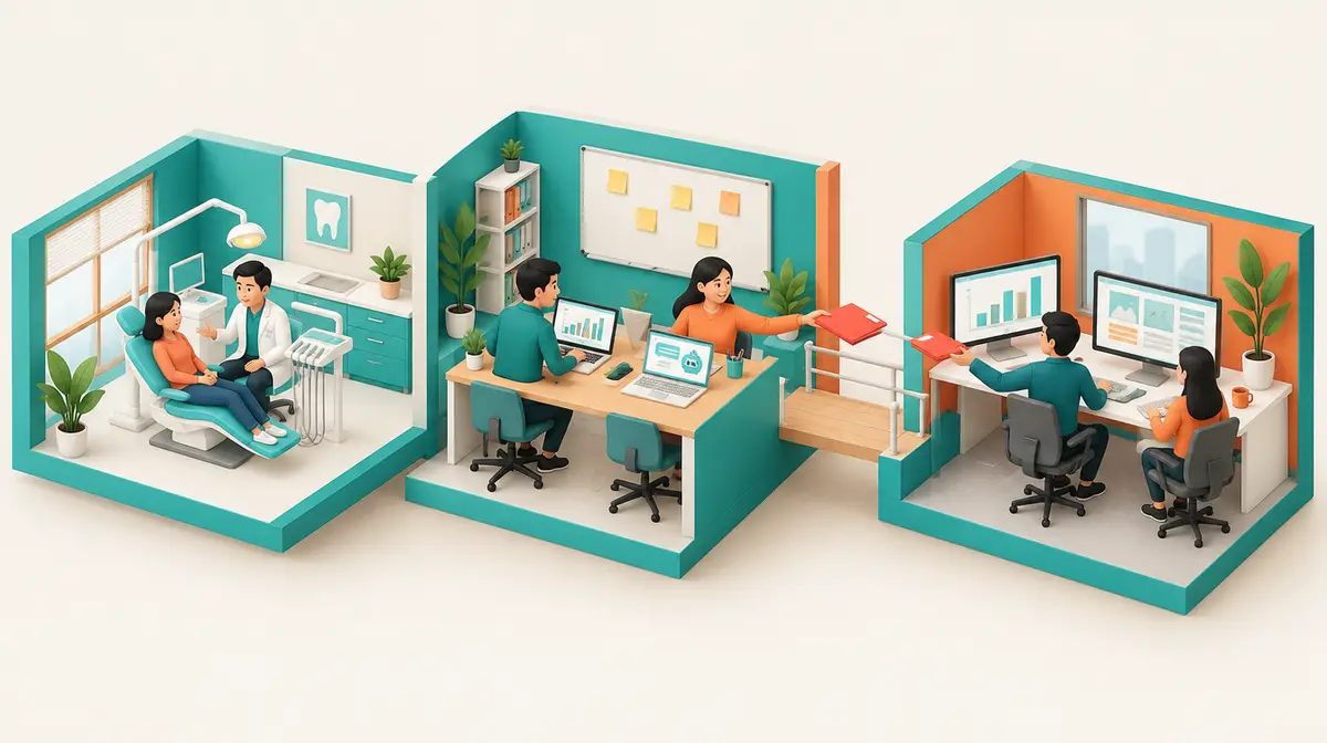 Minh hoạ isometric tông xanh ngọc và cam: mặt cắt ba phòng nối nhau; bên trái là phòng điều trị nha khoa, bác sĩ áo blouse trắng trò chuyện với khách ngồi trên ghế nha, tường treo tranh hình chiếc răng; ở giữa là phòng marketing nội bộ với hai nhân viên trước máy tính xách tay hiện biểu đồ và khung trò chuyện, phía sau là bảng trắng dán giấy nhớ, một nhân viên nữ đưa tập hồ sơ màu đỏ qua cây cầu nhỏ; bên phải là văn phòng đối tác bên ngoài với hai người ngồi trước màn hình lớn hiện biểu đồ cột và bố cục quảng cáo