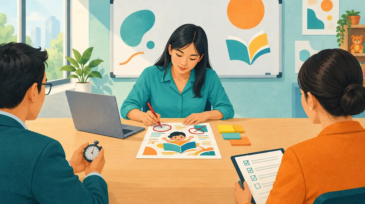 Minh hoạ báo chí tông xanh ngọc, cam và trắng ngà: trong phòng họp của một trung tâm ngoại ngữ cho trẻ em, một nữ ứng viên trẻ người Việt mặc áo sơ mi xanh ngọc ngồi giữa bàn, cầm bút đỏ khoanh và gạch các chỗ trên bản nháp tờ giới thiệu có hình một em bé đọc sách; bên cạnh là máy tính xách tay và xấp giấy ghi chú màu; phía trước bên trái, một người đàn ông đeo kính mặc vest xanh cầm đồng hồ bấm giờ; bên phải, một phụ nữ mặc áo cam cầm bảng chấm điểm có các ô đánh dấu; phía sau là bảng trắng vẽ hình khối trừu tượng và cuốn sách mở, kệ có gấu bông